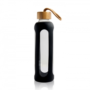 GARRAFA EM VIDRO E SILICONE COM TAMPA EM BAMBOO, 600ML