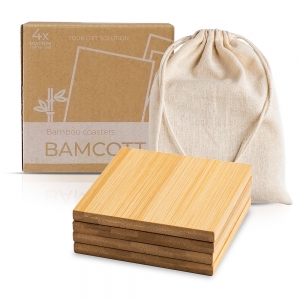 SET DE 4 BASES DE BAMBU PARA COPOS, COM BOLSA EM ALGOD