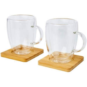 Copo de vidro de parede dupla de 350 ml de 2 peas com base de copos de bambu 'Manti'