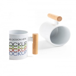 Mugoo Caneca de cermica para sublimao com asa em madeira