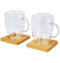Copo de vidro de parede dupla de 350 ml de 2 peas com base de copos de bambu 'Manti'