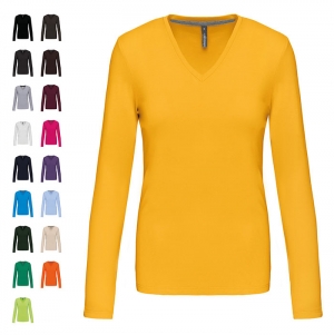 T-shirt de manga comprida decote V senhora